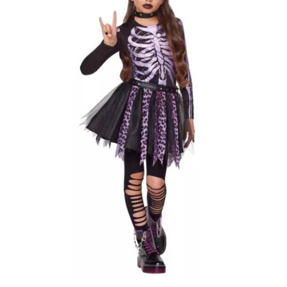 Spirit Girl's Purple Punk Gothic Skeleton Long Sleeve Costume Dress Large
